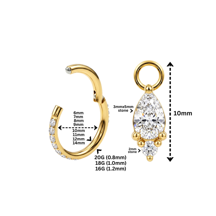 G23 Titanium Pear CZ Drop with Paved Hinged Segment Clicker Ring