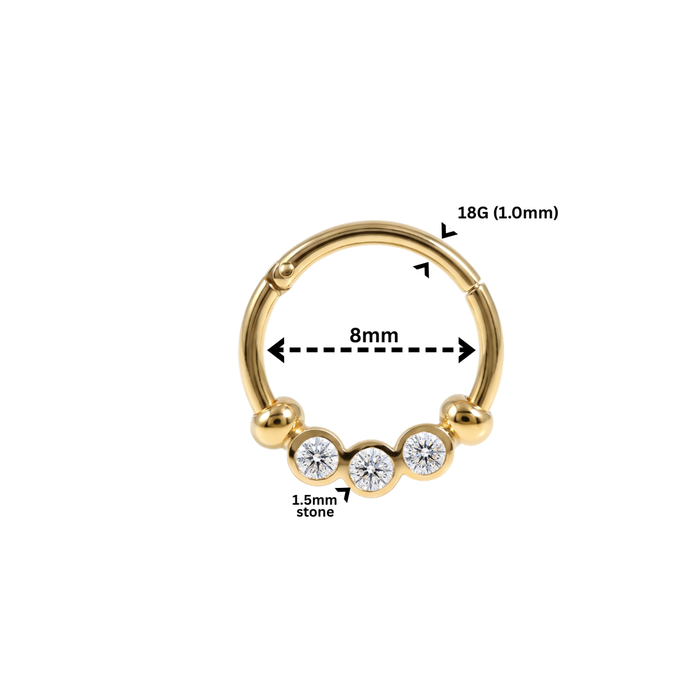 14K Gold Triple Round CZ Bezel Segment Clicker Ring
