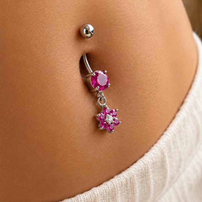 925 Sterling Silver Dangling CZ Jewelled Flower Belly Bar