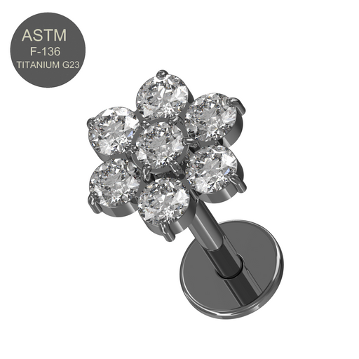 G23 Titanium CZ Jewelled Flower Push-Fit Flatback Stud - Monster Piercing