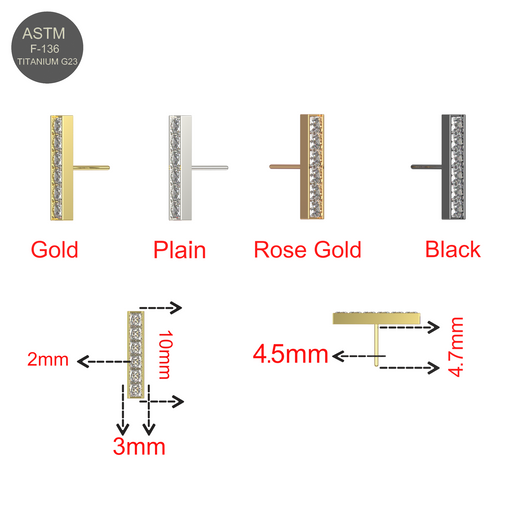 Titanium G23 CZ push-fit tops in 4 colors displayed with detailed measurements.