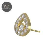 G23 Titanium CZ Jewelled Tear Drop Push-fit Top in gold with clear cubic zirconia stones, ideal for elegant body piercings.