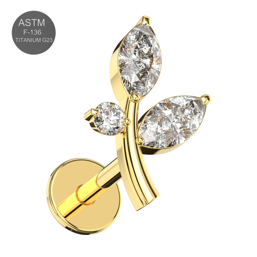 G23 Titanium CZ Jewelled Stem And Leaf Design Thread-less Push-Fit With Flat-Back - Monster Piercing