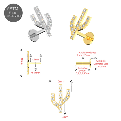 G23 Titanium CZ Jewelled Cactus Design Thread-less Push-Fit With Flatback Stud - Monster Piercing