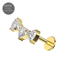 G23 Titanium CZ Jewelled Tri-Heart Design Threadless Flatback Stud Monster Piercing United Kingdom