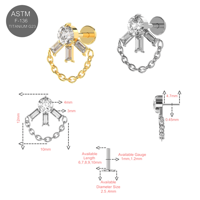 G23 Titanium CZ Jewelled with Chain Fancy Design Thread-less Push-Fit With Flatback Stud - Monster Piercing