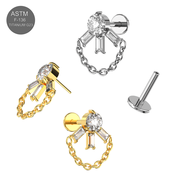 G23 Titanium CZ Jewelled with Chain Fancy Design Thread-less Push-Fit With Flatback Stud - Monster Piercing