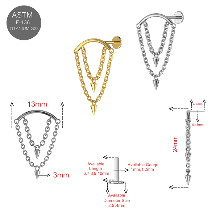 G23 Titanium Dangling Cone with Chain Fancy Design Thread-less Push-Fit With Flatback Stud - Monster Piercing