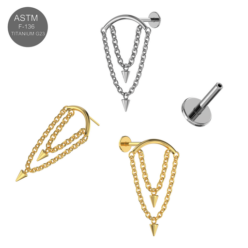 G23 Titanium Dangling Cone with Chain Fancy Design Thread-less Push-Fit With Flatback Stud - Monster Piercing