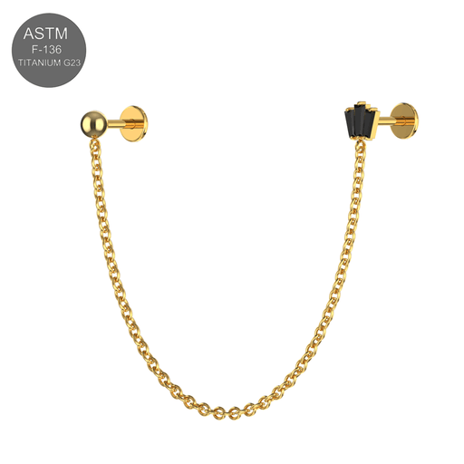 G23 Titanium CZ Round and Crown Double Stud with Chain Fancy Design Thread-less Push-Fit With Flatback Stud - Monster Piercing