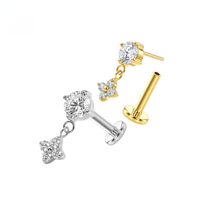G23 Titanium CZ Jewelled Dangling Flower Threadless Flatback Stud