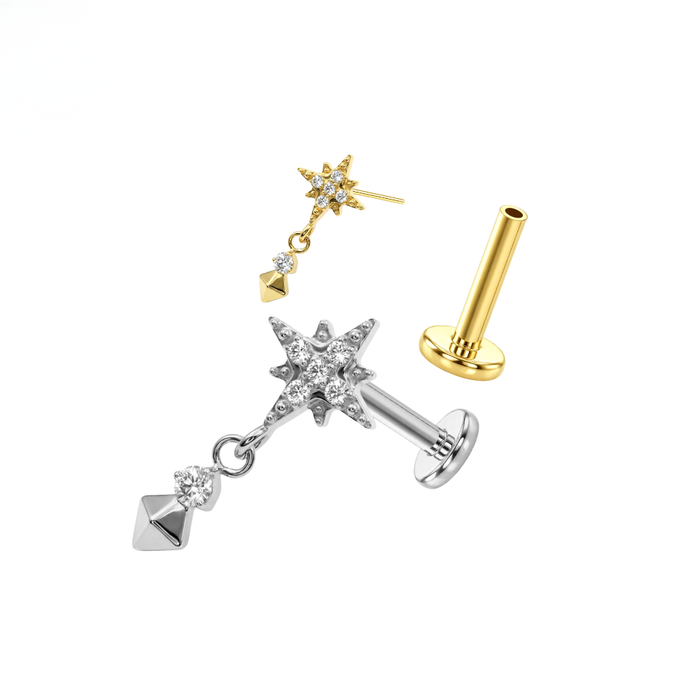 G23 Titanium CZ Jewelled North Star Threadless Flatback Stud