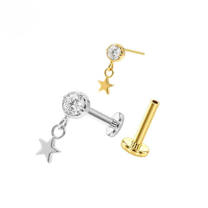 G23 Titanium CZ Jewelled with Dangling Star Threadless Flatback Stud