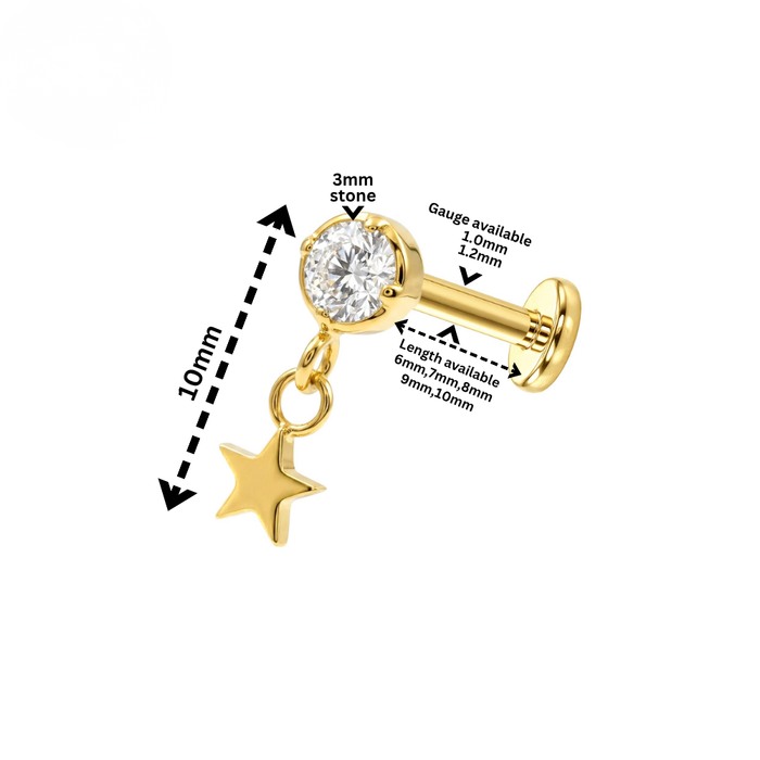 G23 Titanium CZ Jewelled with Dangling Star Threadless Flatback Stud