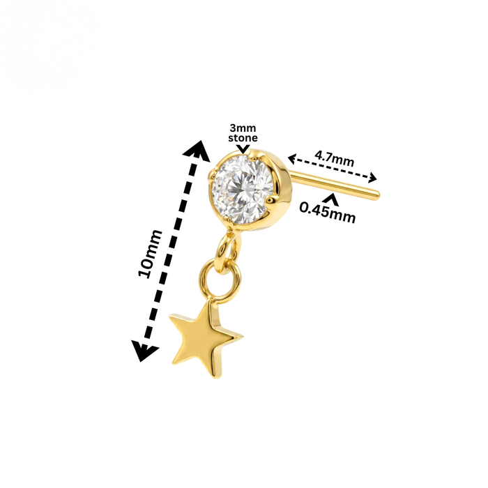 G23 Titanium CZ Jewelled with Dangling Star Threadless Labret Accessory Top