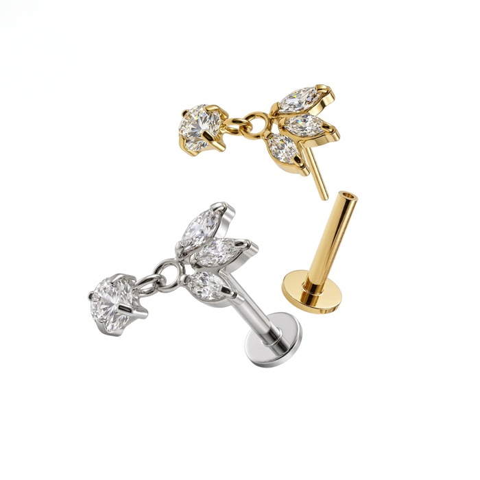 G23 Titanium Triple Marquise Leaf CZ Dangling Threadless Flatback Stud