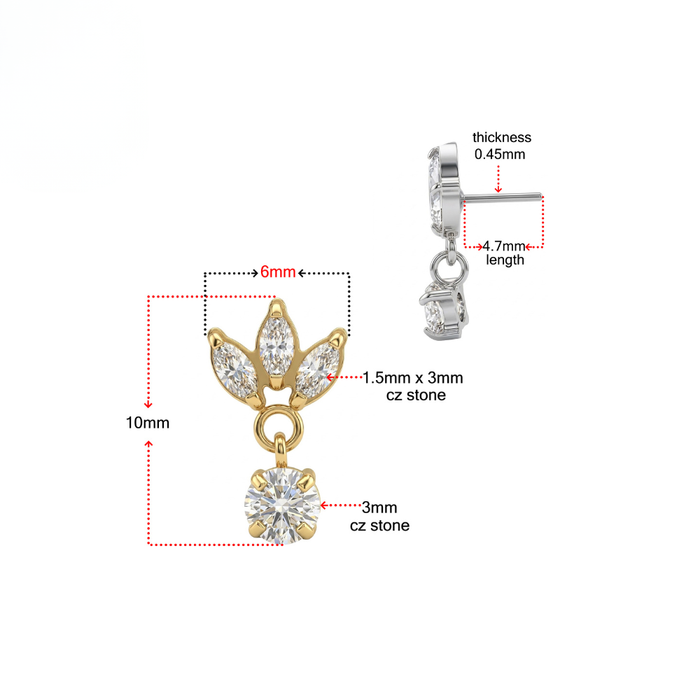G23 Titanium Triple Marquise Leaf CZ Dangling Threadless Labret Accessory Top