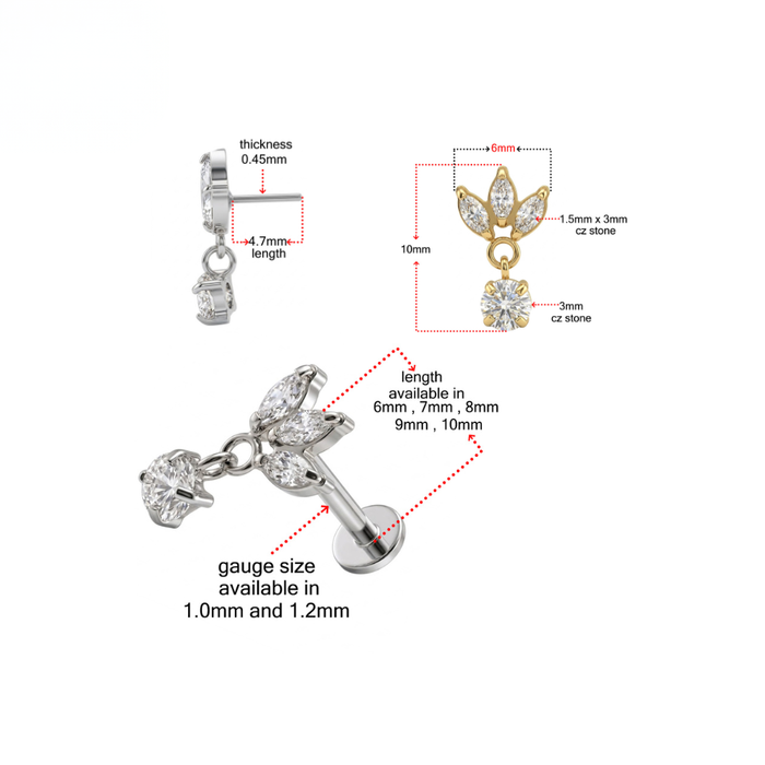 G23 Titanium Triple Marquise Leaf CZ Dangling Threadless Flatback Stud