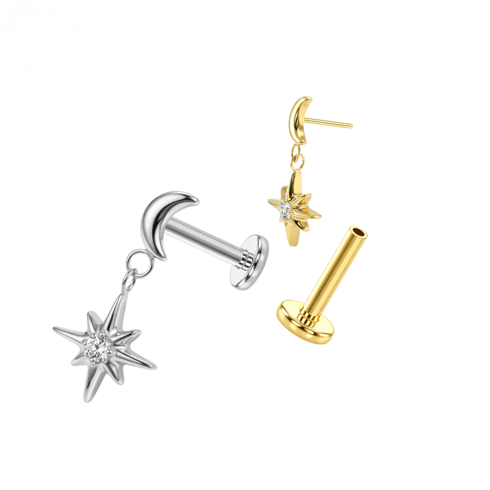 G23 Titanium  Crescent Moon with Dangling North Star Threadless Flatback Stud