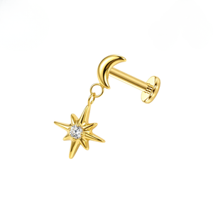 G23 Titanium  Crescent Moon with Dangling North Star Threadless Flatback Stud