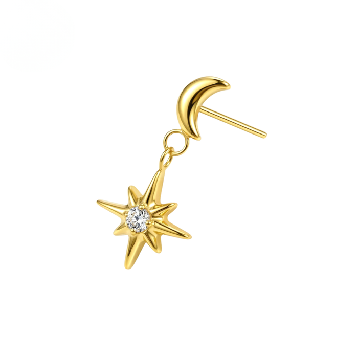 G23 Titanium Crescent Moon with Dangling North Star Threadless Labret Accessory Top