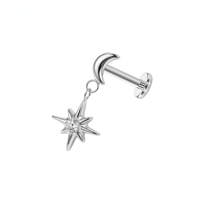 G23 Titanium  Crescent Moon with Dangling North Star Threadless Flatback Stud