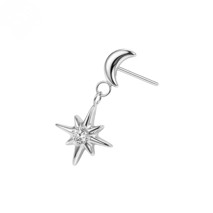 G23 Titanium Crescent Moon with Dangling North Star Threadless Labret Accessory Top