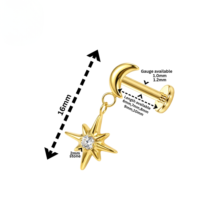 G23 Titanium  Crescent Moon with Dangling North Star Threadless Flatback Stud