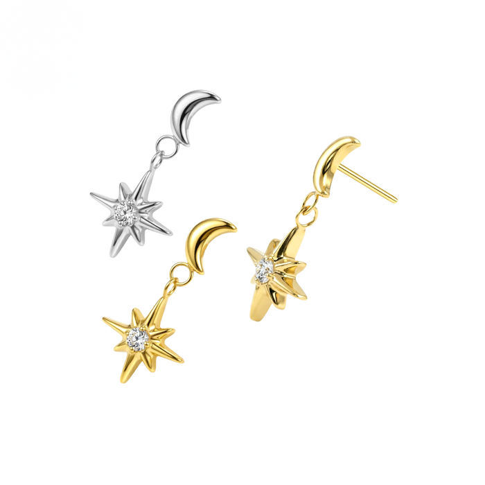 G23 Titanium Crescent Moon with Dangling North Star Threadless Labret Accessory Top