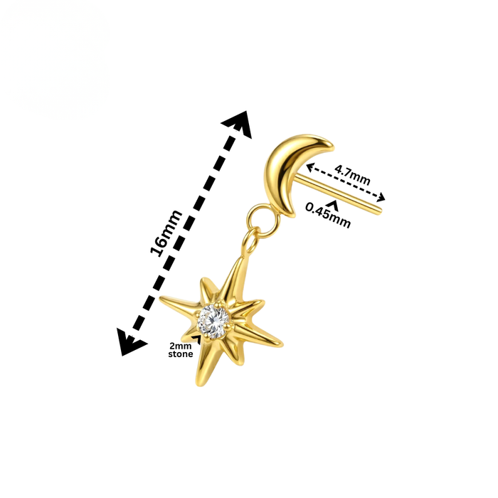 G23 Titanium Crescent Moon with Dangling North Star Threadless Labret Accessory Top