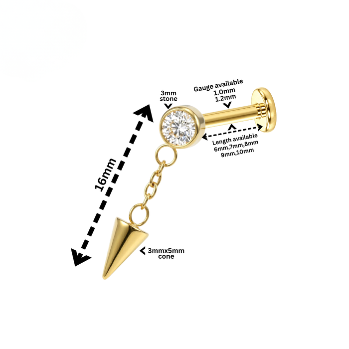G23 Titanium Bezel CZ Spike Dangling Threadless Flatback Stud