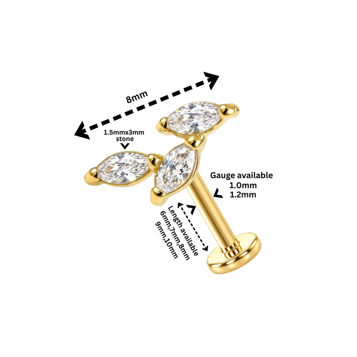 G23 Titanium Triple Marquise Leaf Threadless Flatback Stud