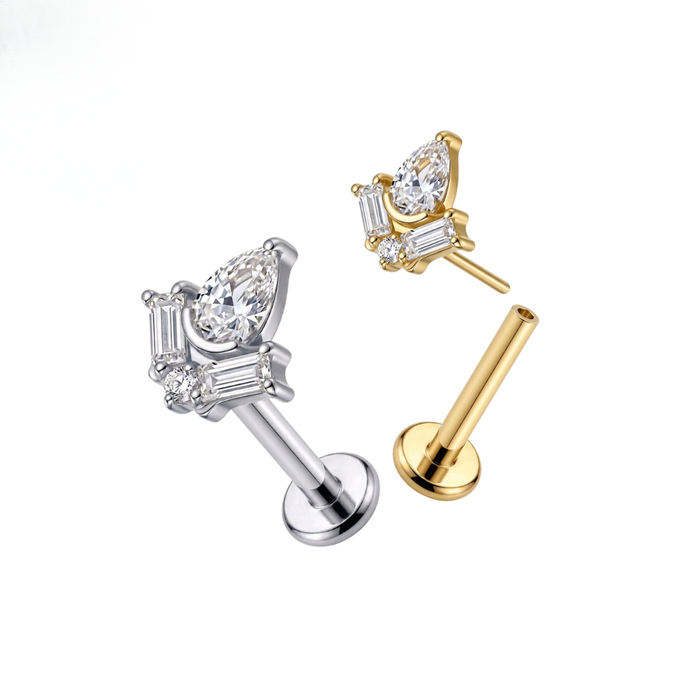 G23 Titanium Pear Baguette Cluster CZ Threadless Flatback Stud