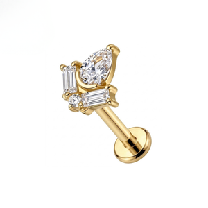 G23 Titanium Pear Baguette Cluster CZ Threadless Flatback Stud