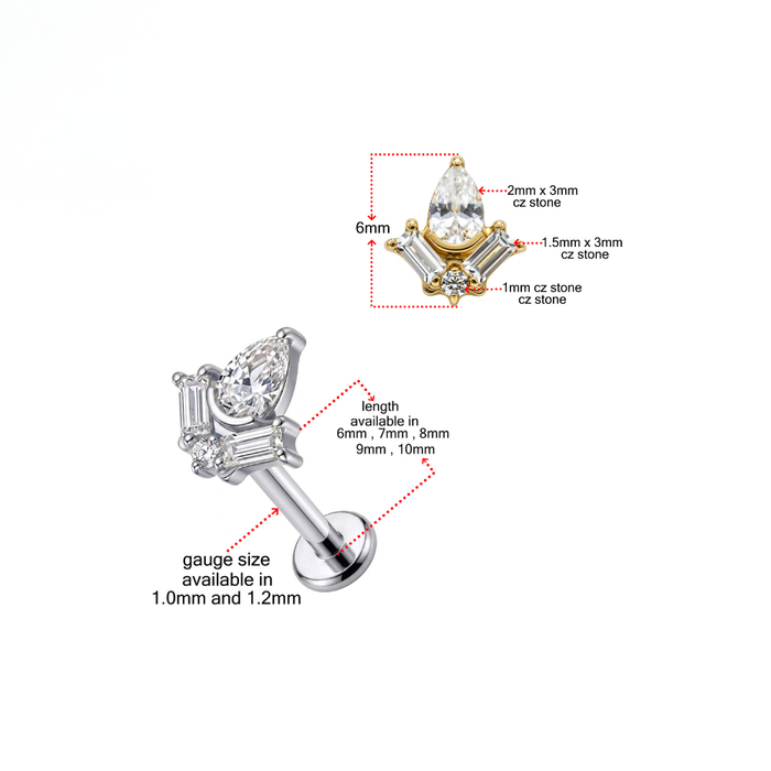 G23 Titanium Pear Baguette Cluster CZ Threadless Flatback Stud