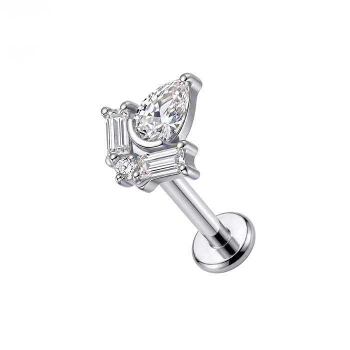 G23 Titanium Pear Baguette Cluster CZ Threadless Flatback Stud
