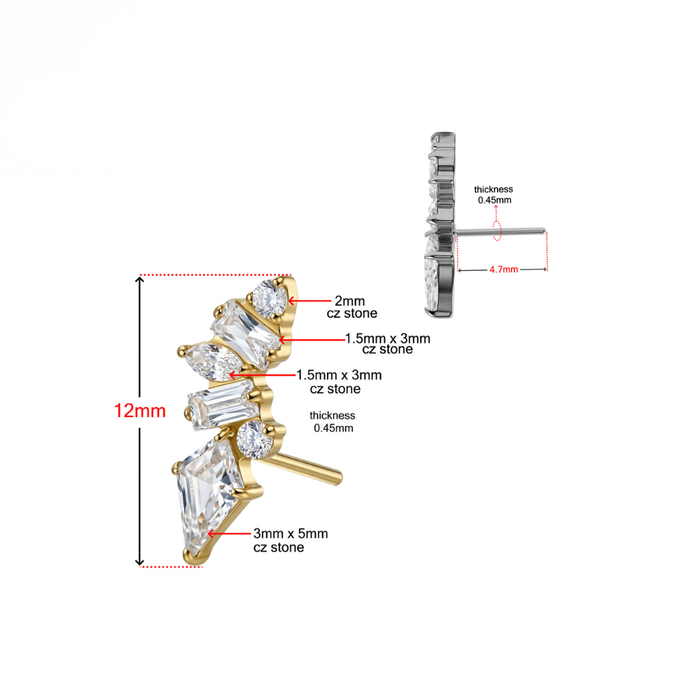 G23 Titanium Kite Baguette Cluster CZ Threadless Labret Accessory Top