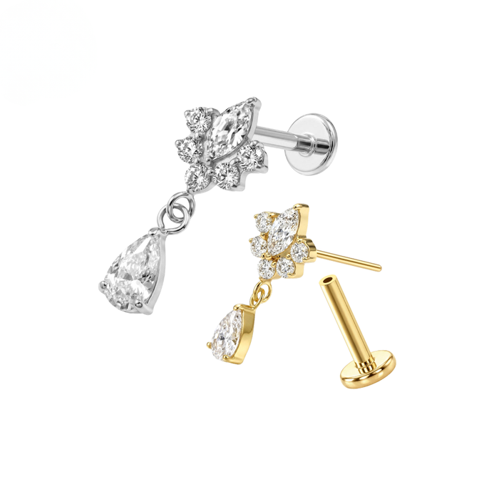 G23 Titanium Lotus Teardrop CZ Dangling Threadless Flatback Stud