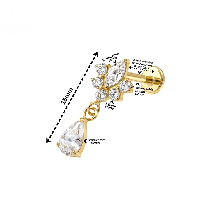 G23 Titanium Lotus Teardrop CZ Dangling Threadless Flatback Stud