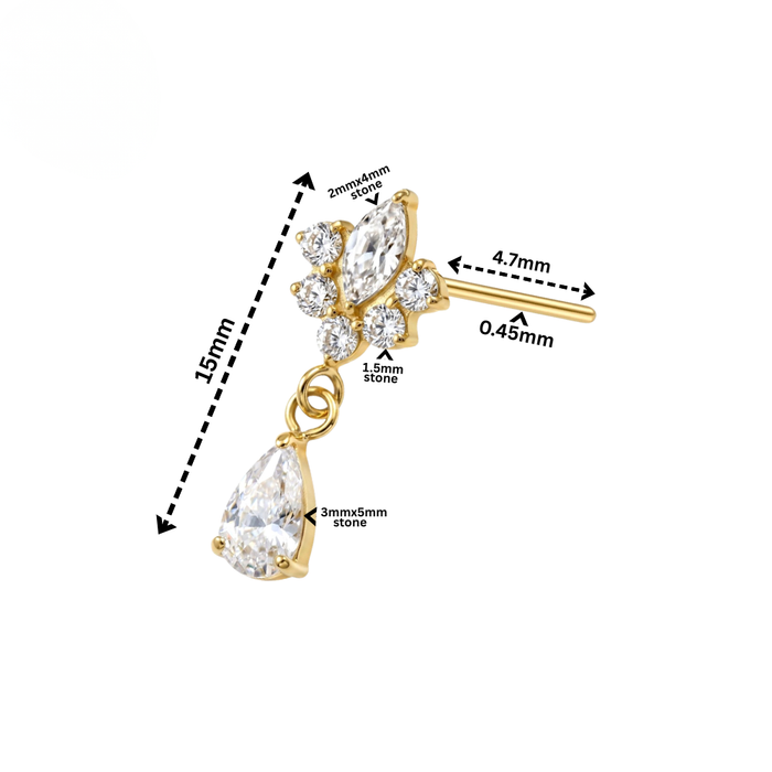 G23 Titanium Lotus Teardrop CZ Dangling Threadless Labret Accessory Top