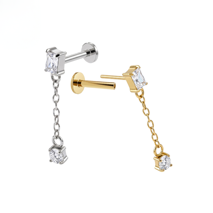 G23 Titanium Baguette CZ Chain Drop Threadless Flatback Stud