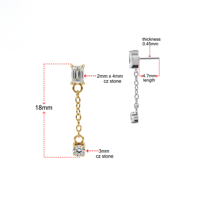 G23 Titanium Baguette CZ Chain Drop Threadless Labret Accessory Top