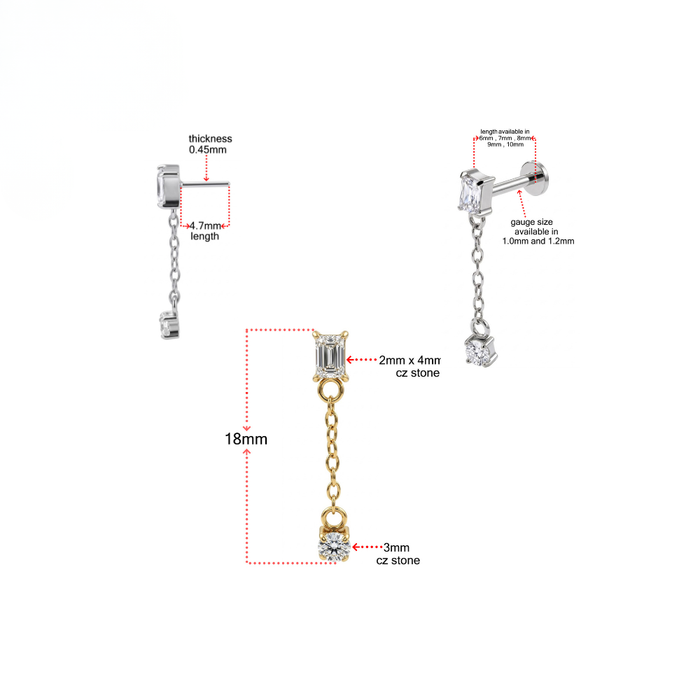 G23 Titanium Baguette CZ Chain Drop Threadless Flatback Stud