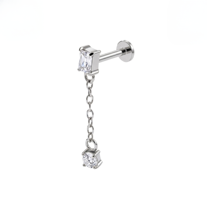 G23 Titanium Baguette CZ Chain Drop Threadless Flatback Stud