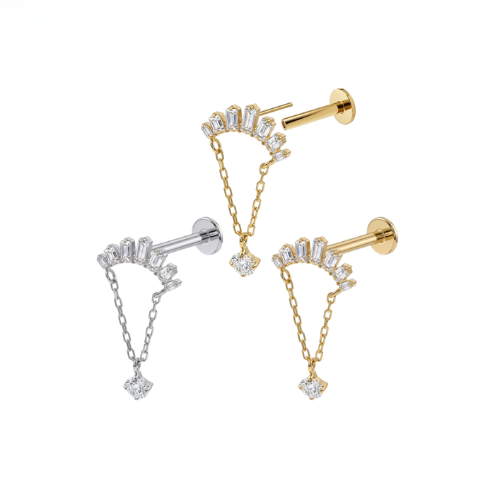 G23 Titanium Baguette Arc Chain Drop Threadless Flatback Stud