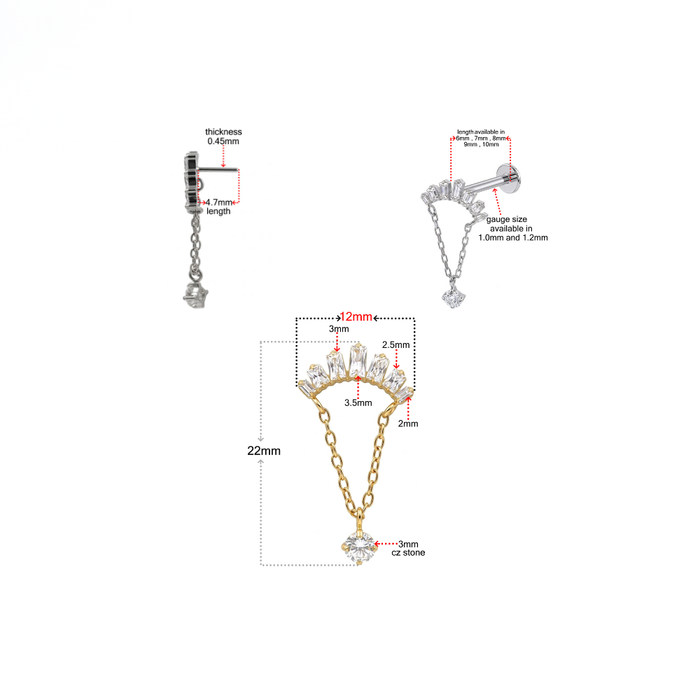G23 Titanium Baguette Arc Chain Drop Threadless Flatback Stud