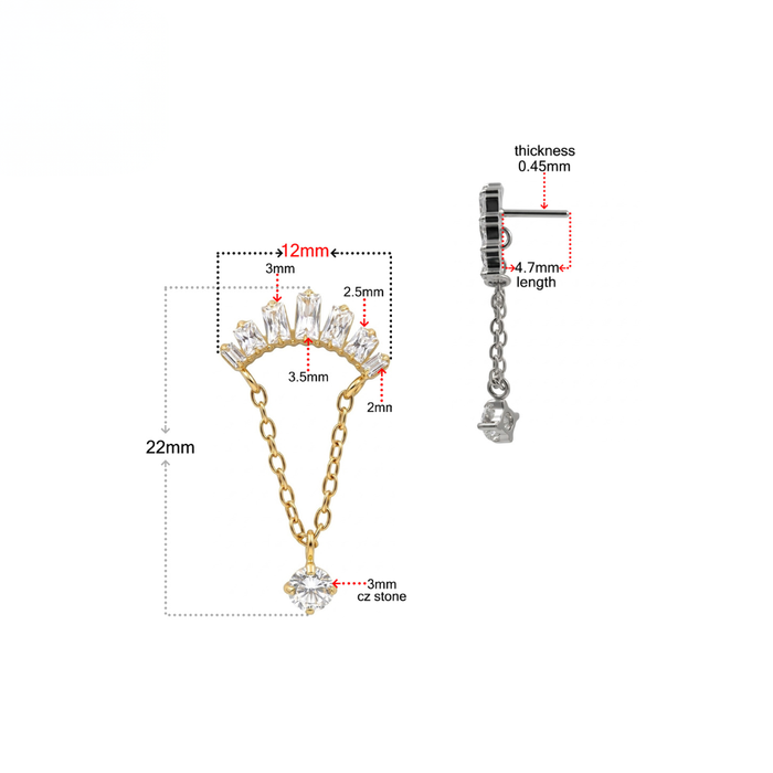G23 Titanium Baguette Arc Chain Drop Threadless Labret Accessory Top