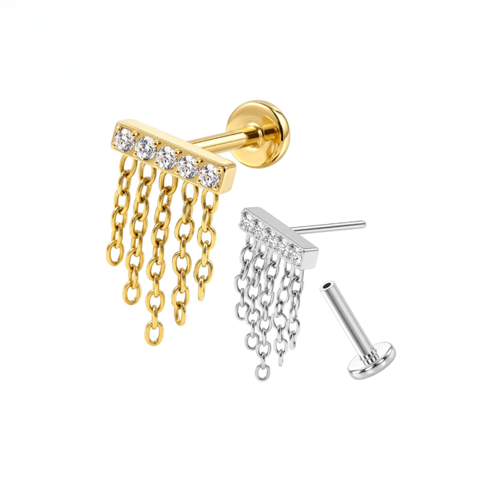 G23 Titanium CZ Chain Fringe Threadless Flatback Stud