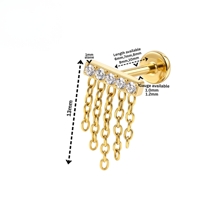 G23 Titanium CZ Chain Fringe Threadless Flatback Stud