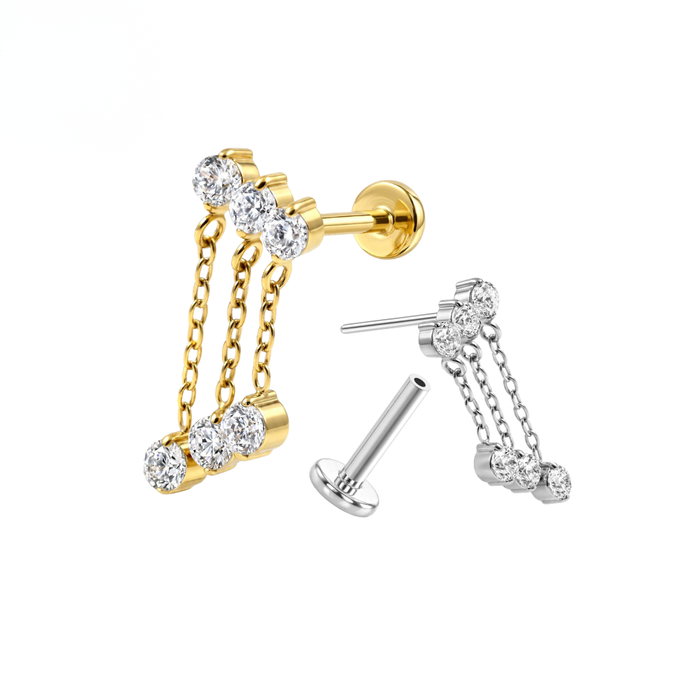 G23 Titanium Triple CZ Chain Drape Threadless Flatback Stud